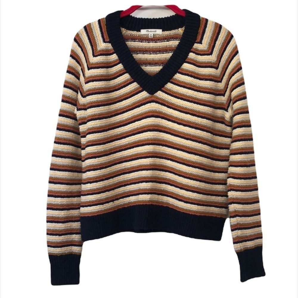 Madewell Arden V-neck Striped Crop Pullover Sweater XS 100% Cotton Multi Stripe